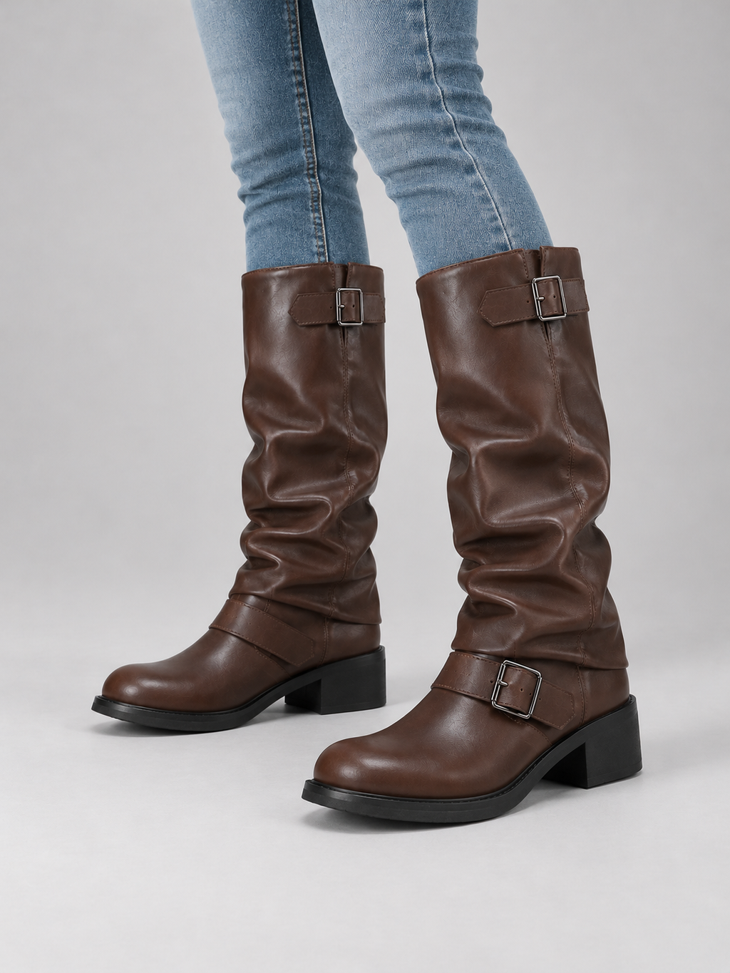 Women’s Knee-High Biker Boots — model-worn studio view