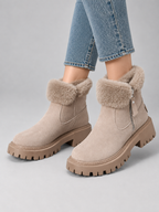Women’s Suede Ankle Boots – Faux Fur Lined Chunky Winter Shoes — model-worn studio view
