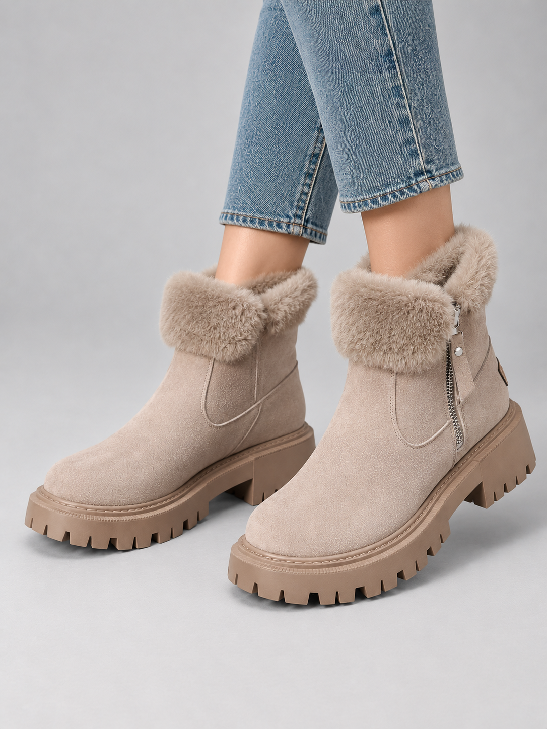 Women’s Suede Ankle Boots – Faux Fur Lined Chunky Winter Shoes — model-worn studio view