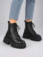 Women’s Chunky Leather Look Combat Boots – Lace-Up Platform Ankle Boots — model-worn studio view