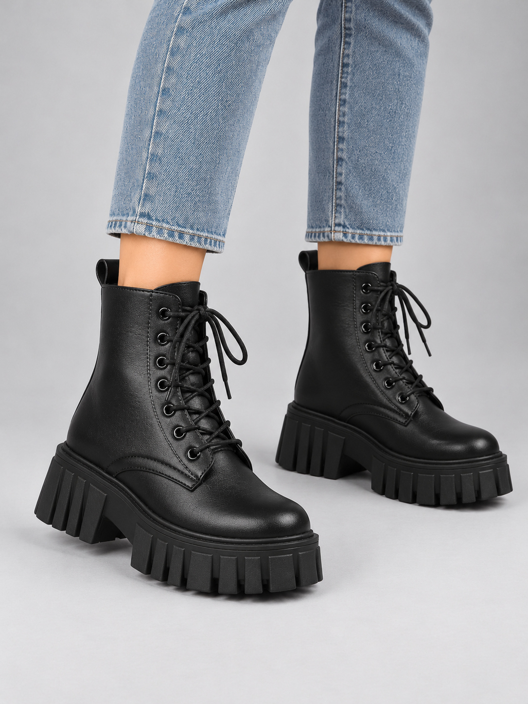 Women’s Chunky Leather Look Combat Boots – Lace-Up Platform Ankle Boots — model-worn studio view