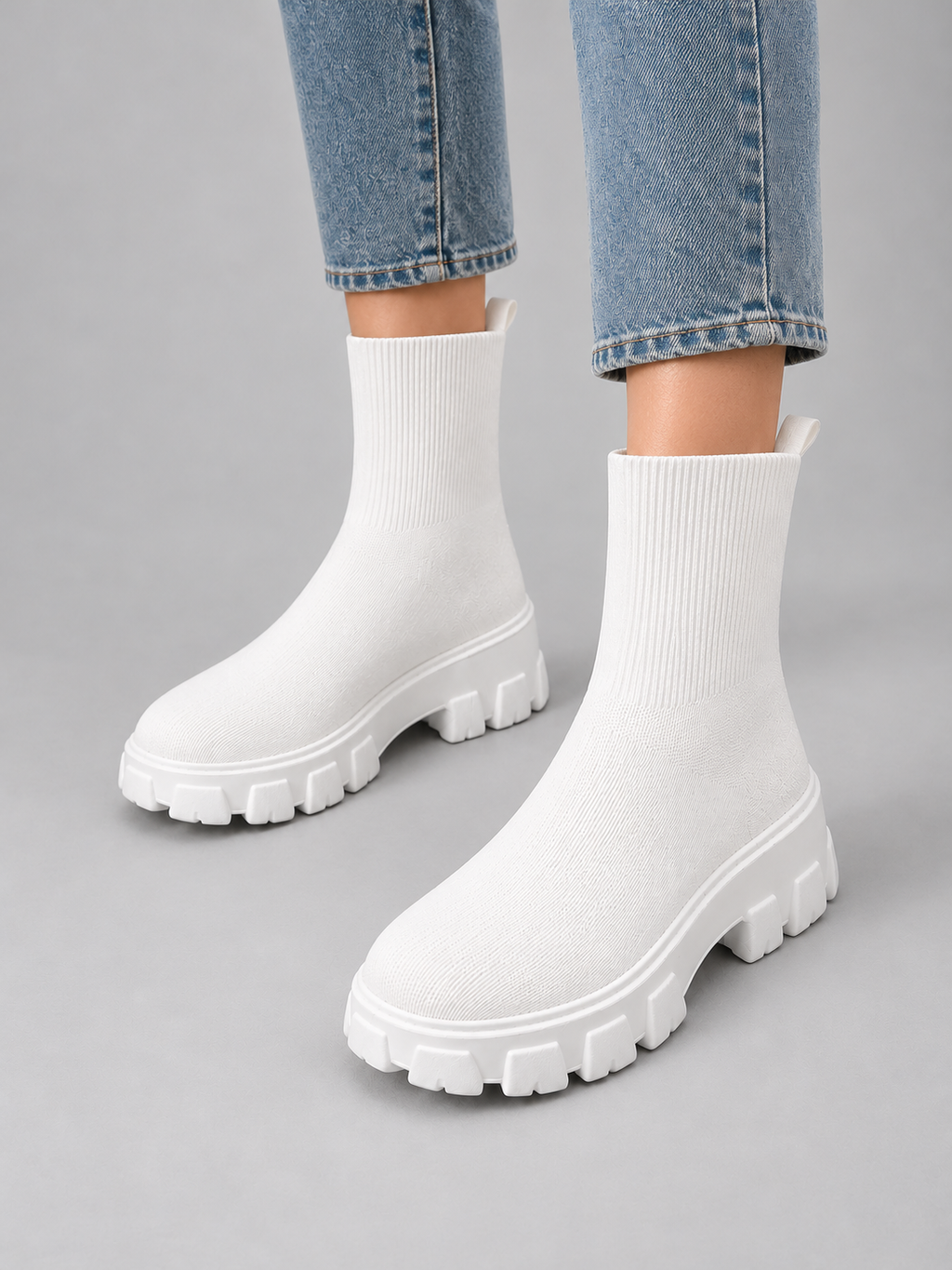 Women’s Stretch Sock Boots — model-worn studio view