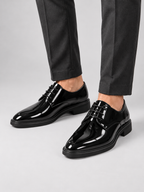 Men’s Black Patent Leather Derby Shoes – Formal Lace-Up Evening Dress Shoes — model-worn studio view