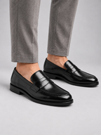 Men’s Leather Penny Loafers – Classic Formal Smart Casual Shoes — model-worn studio view