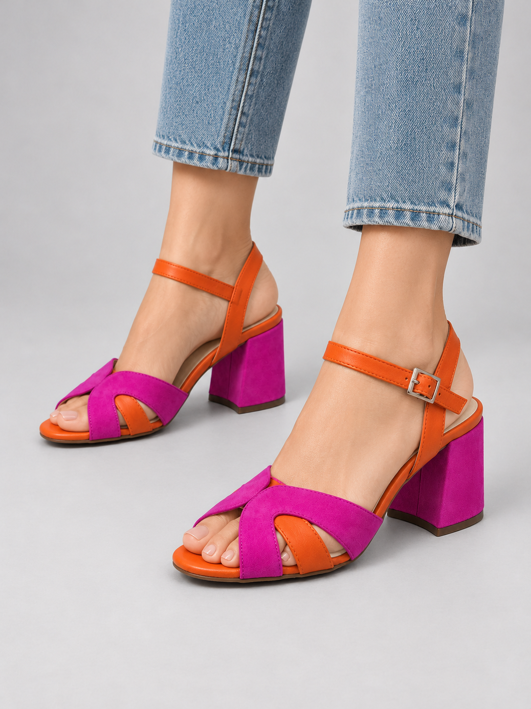Women’s Colour Block Heeled Sandals – Cushioned Block Heel — model-worn studio view