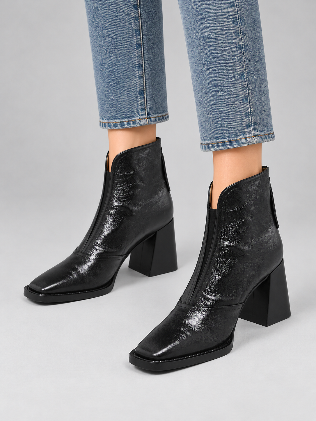 Women’s Leather Square Toe Ankle Boots – Block Heel & Back Zip — model-worn studio view
