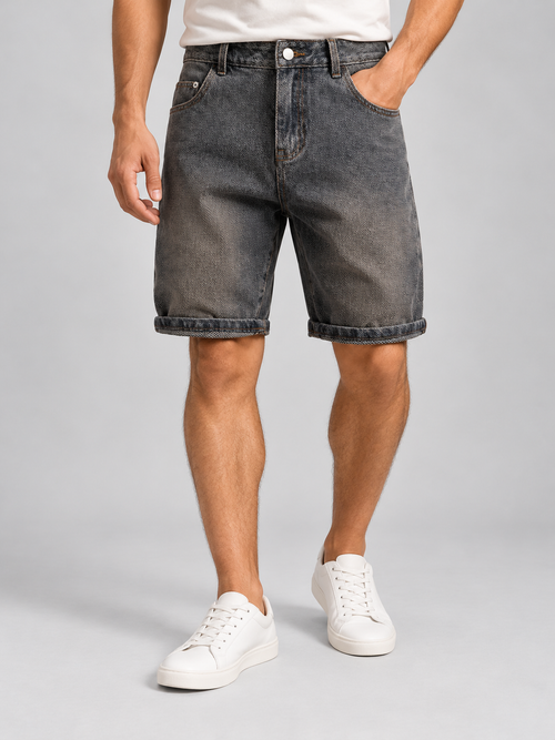 Men’s Denim Shorts – Relaxed Fit Rolled Hem Summer Style — model-worn studio view