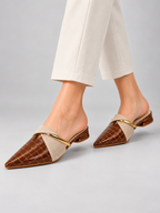 Women’s Pointed Toe Mule Heels – Croc Effect Elegant Slip-On — model-worn studio view