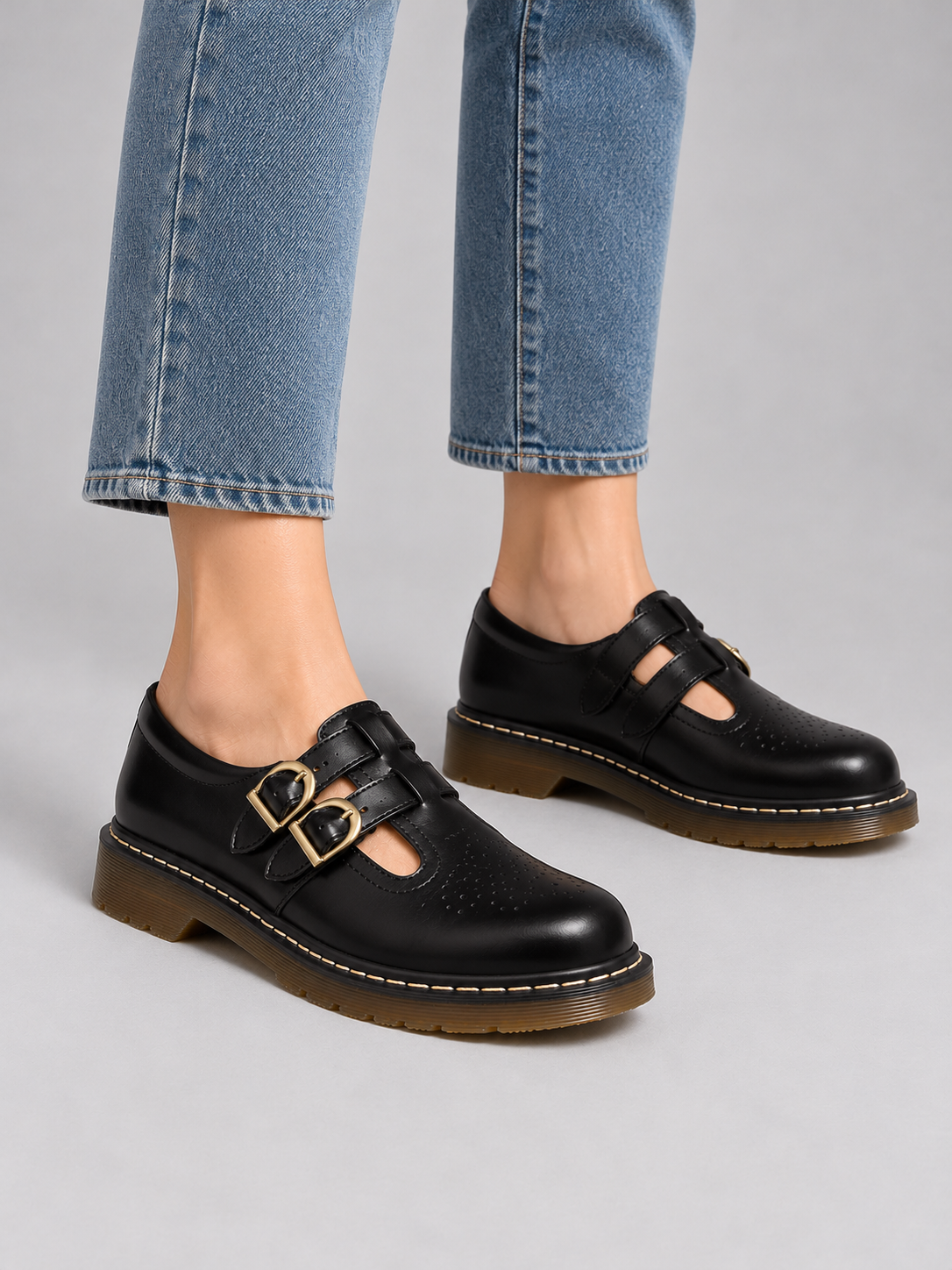 Women’s Leather Mary Jane Shoes – Double Buckle Chunky Sole Flats — model-worn studio view