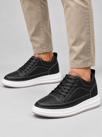 Men’s Leather Look Trainers – Lace Up Platform Sole Casual Shoes — model-worn studio view