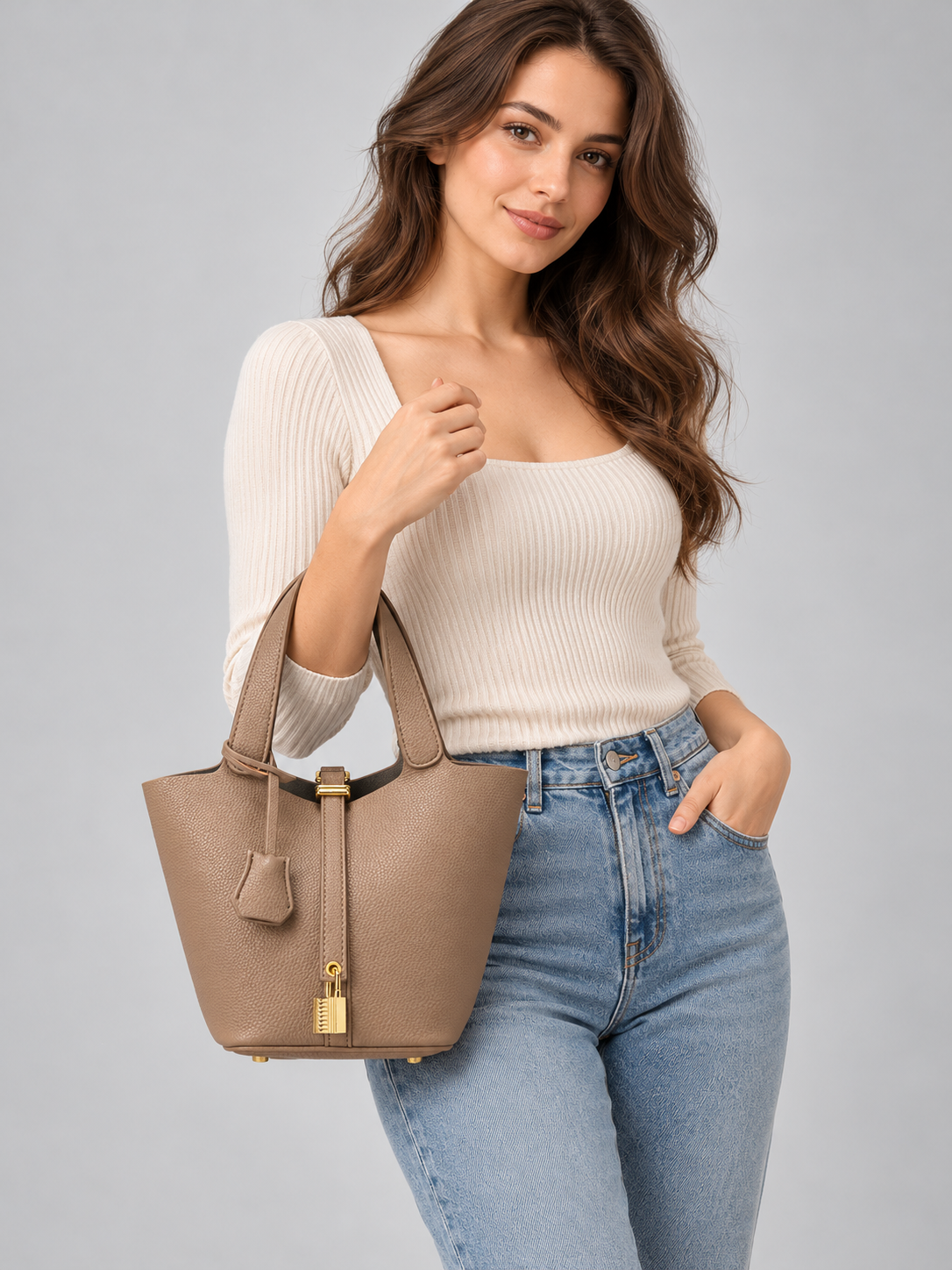 Women’s Leather Bucket Bag – Gold Details Classic Style — model-worn studio view
