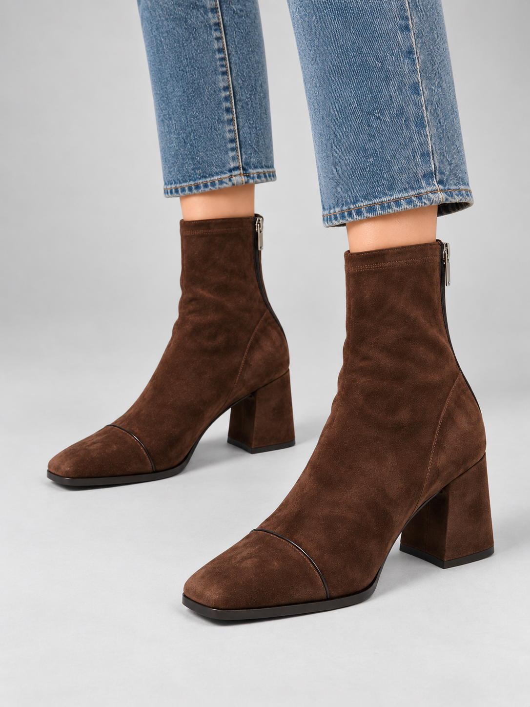 Women’s Suede-Look Ankle Boots – Square Toe Block Heel — model-worn studio view
