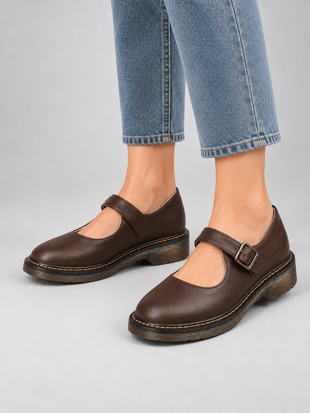Women’s Classic Mary Jane Shoes – Leather Look Comfort Flats — model-worn studio view