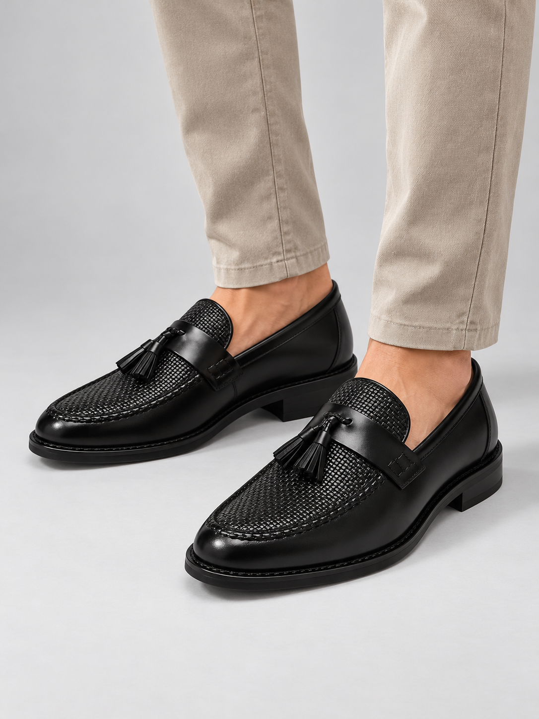 Men’s Woven Tassel Loafers – Refined Slip-On Smart Shoes — model-worn studio view