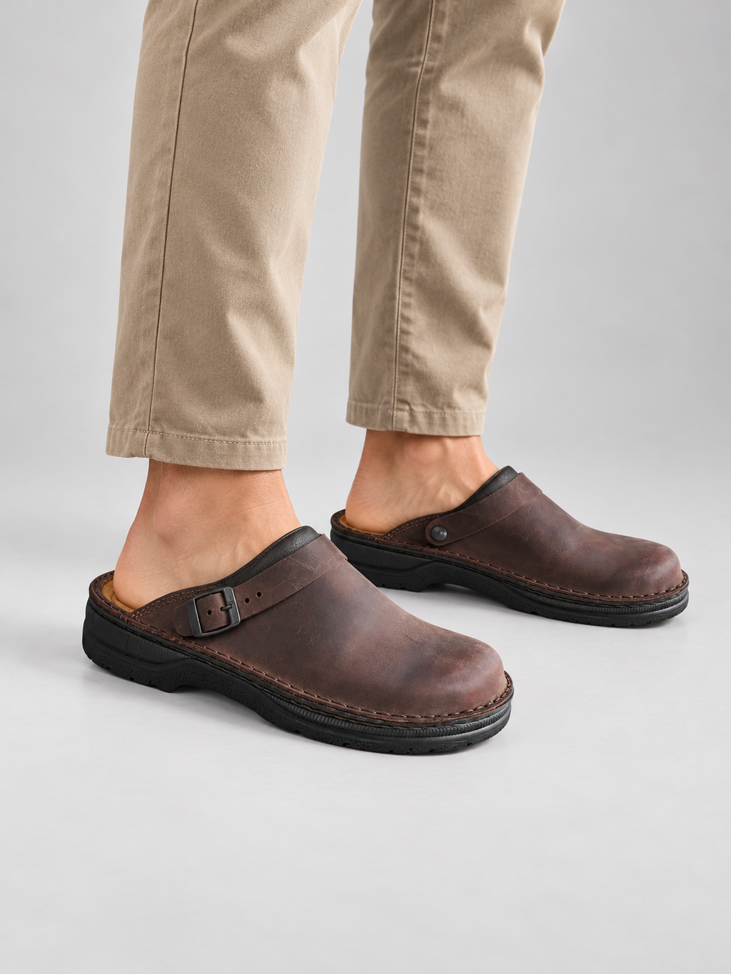 Men’s Comfort Clogs – Leather Look Slip-On Shoes — model-worn studio view