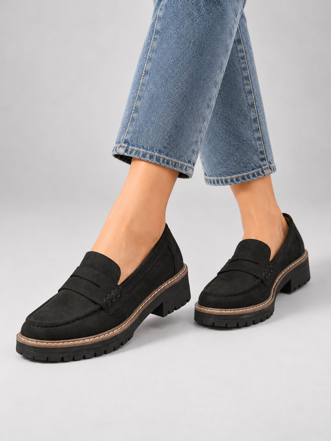 Women’s Classic Comfort Loafers – Leather Look — model-worn studio view