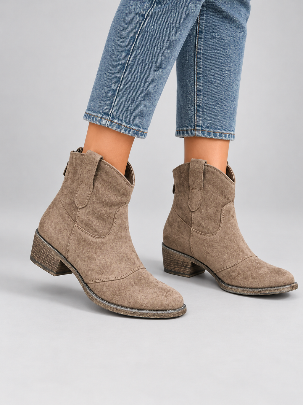 Women’s Suede Look Cowboy Ankle Boots — model-worn studio view