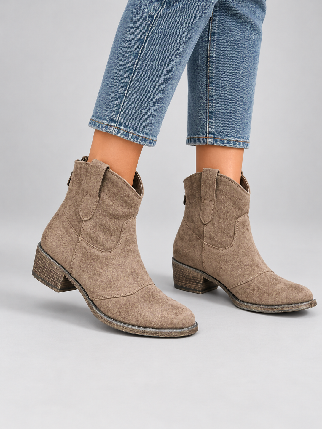 Women’s Suede Look Cowboy Ankle Boots — model-worn studio view