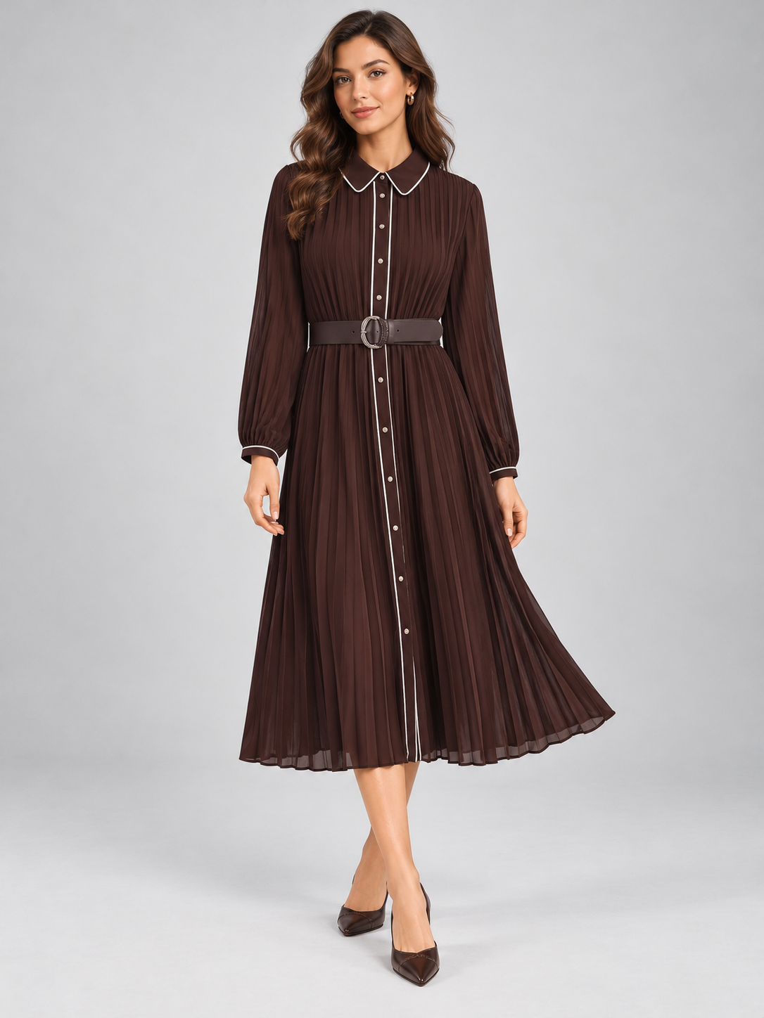 Women’s Pleated Long Sleeve Midi Dress — model-worn studio view