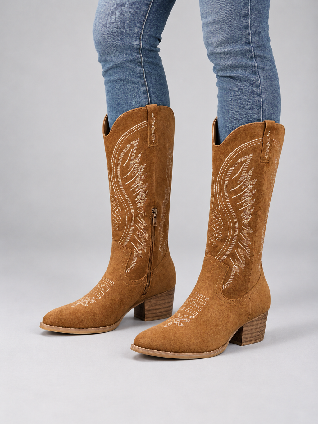 Women’s Suede Cowboy Boots – Western Block Heel Style — model-worn studio view