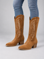 Women’s Suede Cowboy Boots – Western Block Heel Style — model-worn studio view